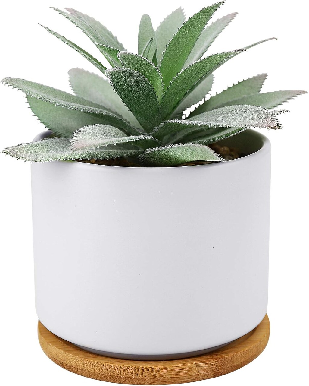 Mini Artificial Agave Succulent in Ceramic Pot with Bamboo Tray – Faux Small Potted Plant for Home Office Desk, Living Room, Shelf & Modern Decor (5.9")